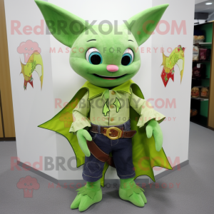 Lime Green Fruit Bat mascot costume character dressed with a Bootcut Jeans and Cummerbunds