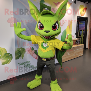 Lime Green Fruit Bat mascot costume character dressed with a Bootcut Jeans and Cummerbunds