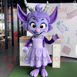 Lavender Devil mascot costume character dressed with a A-Line Skirt and Hairpins