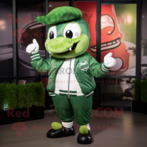 Green Steak mascot costume character dressed with a Bomber Jacket and Earrings