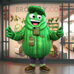 Green Steak mascot costume character dressed with a Bomber Jacket and Earrings