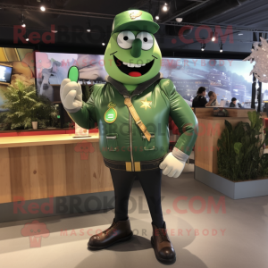 Green Steak mascot costume character dressed with a Bomber Jacket and Earrings