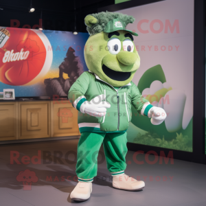 Green Steak mascot costume character dressed with a Bomber Jacket and Earrings