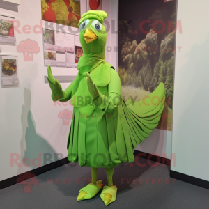 Lime Green Pheasant mascot costume character dressed with a Pleated Skirt and Scarf clips