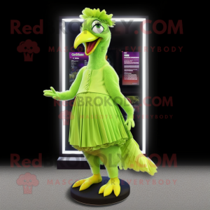 Lime Green Pheasant mascot costume character dressed with a Pleated Skirt and Scarf clips