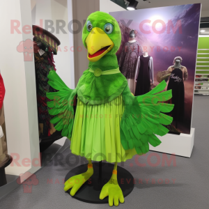 Lime Green Pheasant mascot costume character dressed with a Pleated Skirt and Scarf clips