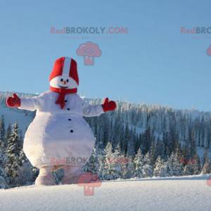 Mascotte de gros bonhomme de neige blanc et rouge -