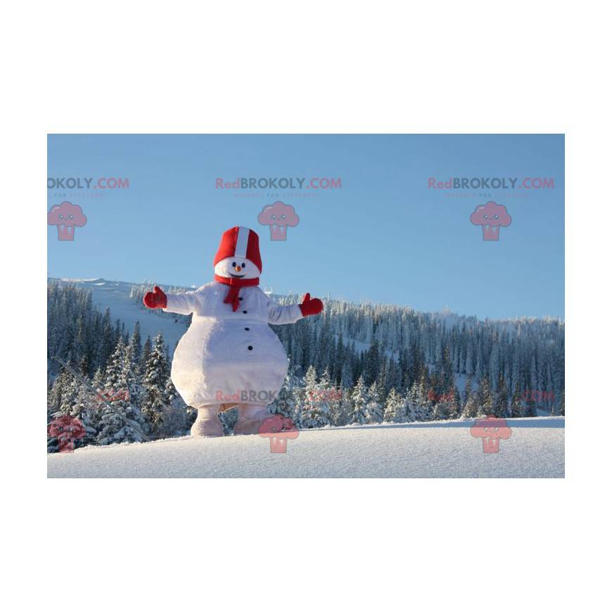 Mascotte de gros bonhomme de neige blanc et rouge -