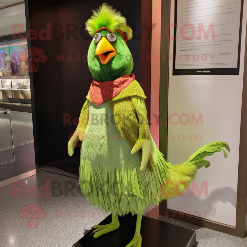 Lime Green Pheasant mascot costume character dressed with a Pleated Skirt and Scarf clips