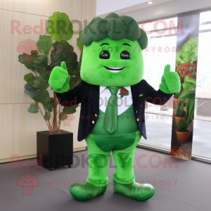 Forest Green Broccoli mascot costume character dressed with a Suit Pants and Brooches