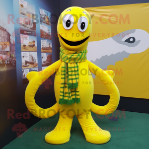 Lemon Yellow Loch Ness Monster mascot costume character dressed with a Jeggings and Scarf clips
