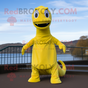 Lemon Yellow Loch Ness Monster mascot costume character dressed with a Jeggings and Scarf clips
