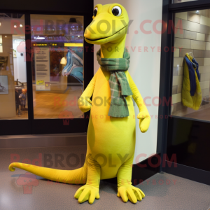 Lemon Yellow Loch Ness Monster mascot costume character dressed with a Jeggings and Scarf clips