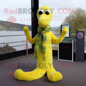 Lemon Yellow Loch Ness Monster mascot costume character dressed with a Jeggings and Scarf clips