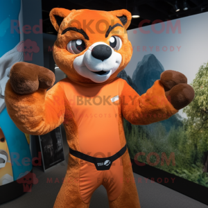 Orange Marten mascot costume character dressed with a Rash Guard and Mittens