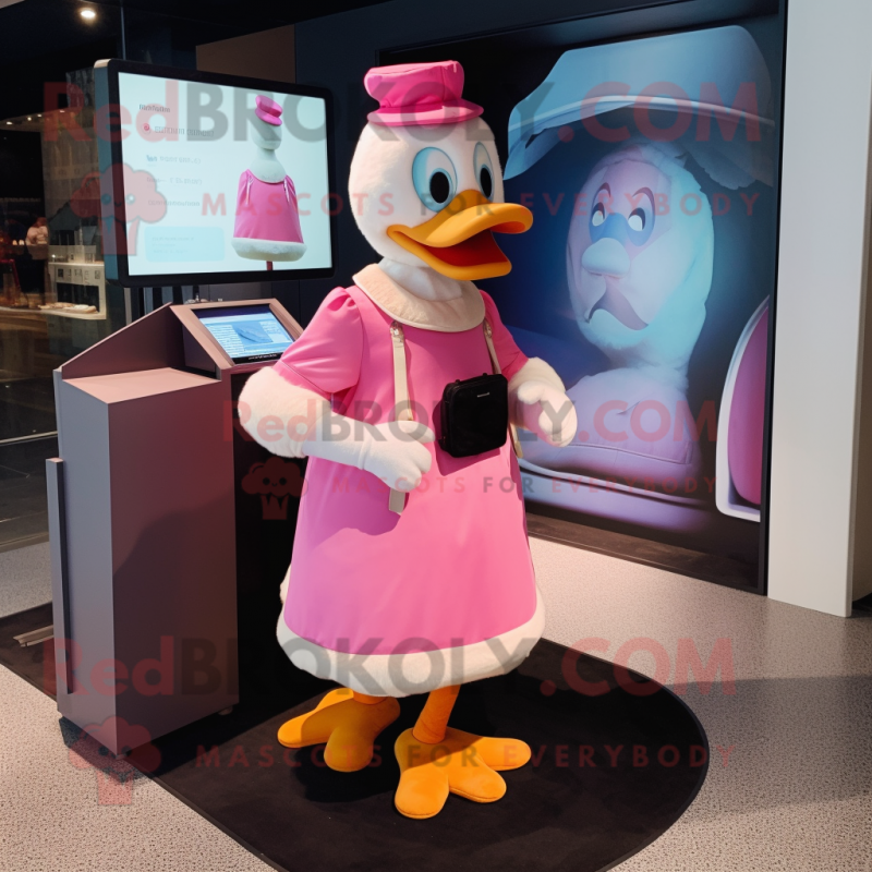 Pink Muscovy Duck mascot costume character dressed with a Midi Dress and Wallets