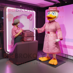 Pink Muscovy Duck mascot costume character dressed with a Midi Dress and Wallets