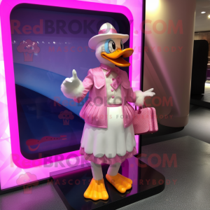 Pink Muscovy Duck mascot costume character dressed with a Midi Dress and Wallets