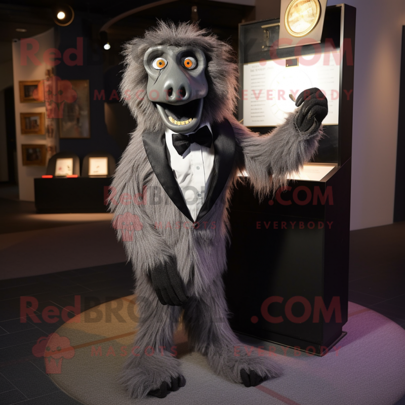 Silver Baboon mascot costume character dressed with a Tuxedo and Scarf clips Silver Baboon mascot costume character dressed with a Tuxedo and Scarf clips