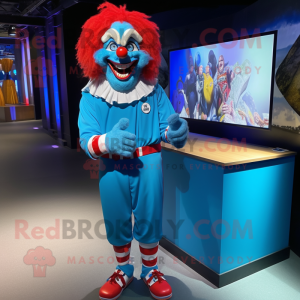 Blue Evil Clown mascot costume character dressed with a Board Shorts and Bracelet watches