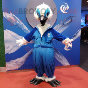 Blue Swans mascot costume character dressed with a Jacket and Hair clips