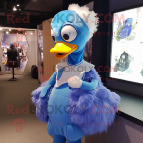 Blue Swans mascot costume character dressed with a Jacket and Hair clips