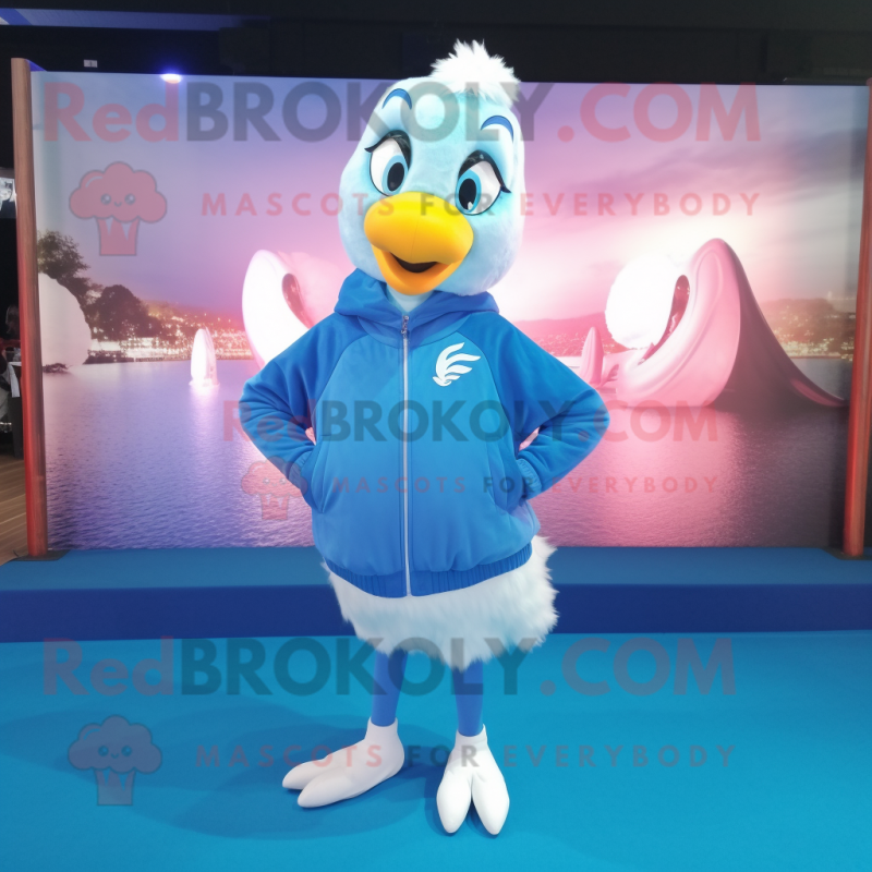 Blue Swans mascot costume character dressed with a Jacket and Hair clips