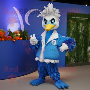 Blue Swans mascot costume character dressed with a Jacket and Hair clips
