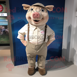 Tan Sow mascot costume character dressed with a Poplin Shirt and Shoe clips