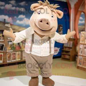 Tan Sow mascot costume character dressed with a Poplin Shirt and Shoe clips