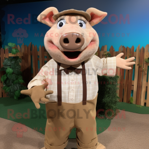 Tan Sow mascot costume character dressed with a Poplin Shirt and Shoe clips