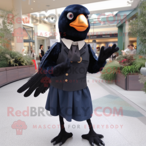 Navy Blackbird mascot costume character dressed with a Cardigan and Suspenders