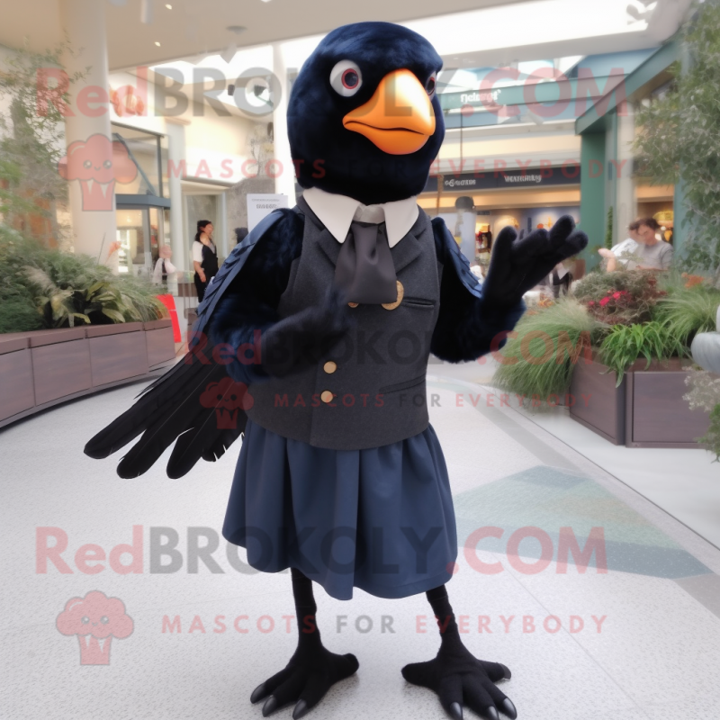 Navy Blackbird mascot costume character dressed with a Cardigan and Suspenders Navy Blackbird mascot costume character dressed with a Cardigan and Suspenders