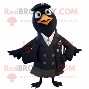 Navy Blackbird mascot costume character dressed with a Cardigan and Suspenders