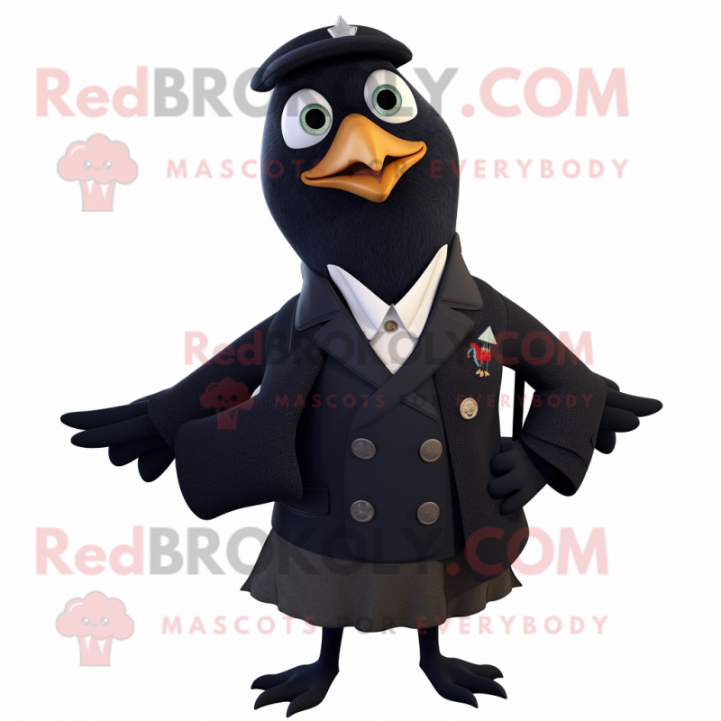Navy Blackbird mascot costume character dressed with a Cardigan and Suspenders Navy Blackbird mascot costume character dressed with a Cardigan and Suspenders