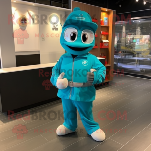 Teal Fire Fighter mascot costume character dressed with a Hoodie and Bracelet watches