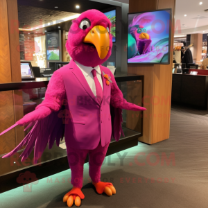 Magenta Parrot mascot costume character dressed with a Suit and Wraps
