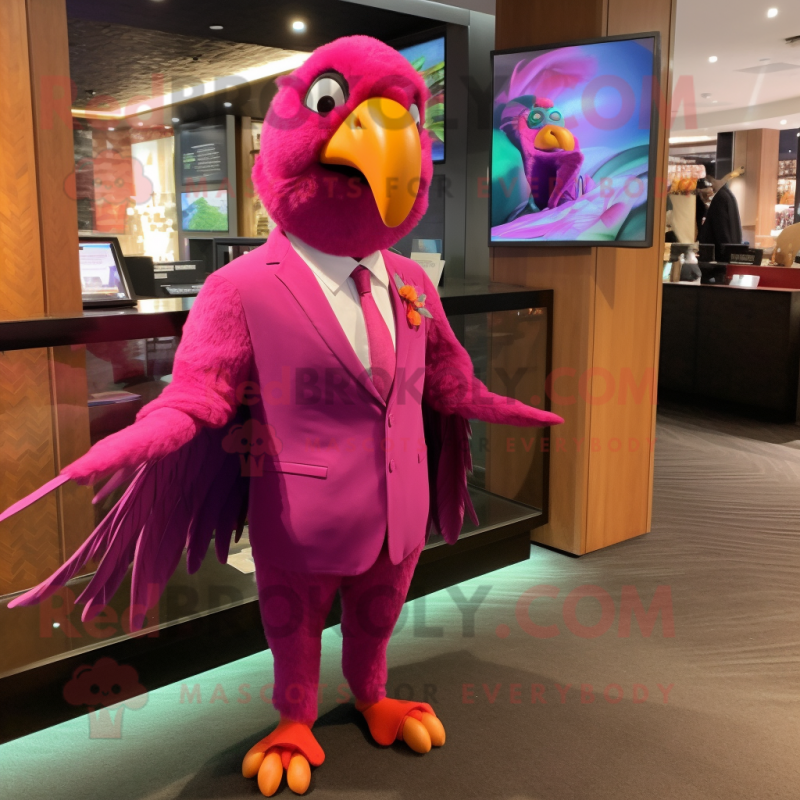 Magenta Parrot mascot costume character dressed with a Suit and Wraps Magenta Parrot mascot costume character dressed with a Suit and Wraps