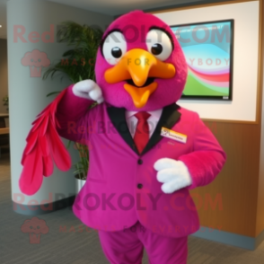 Magenta Parrot mascot costume character dressed with a Suit and Wraps