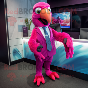 Magenta Parrot mascot costume character dressed with a Suit and Wraps