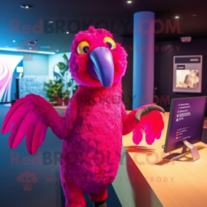 Magenta Parrot mascot costume character dressed with a Suit and Wraps