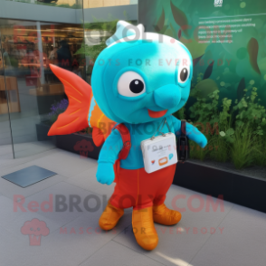 Turquoise Goldfish mascot costume character dressed with a Dungarees and Briefcases