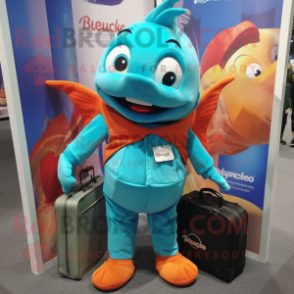 Turquoise Goldfish mascot costume character dressed with a Dungarees and Briefcases