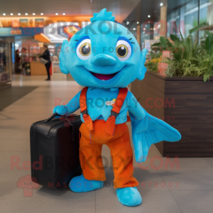 Turquoise Goldfish mascot costume character dressed with a Dungarees and Briefcases