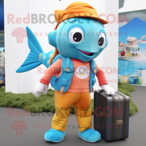 Turquoise Goldfish mascot costume character dressed with a Dungarees and Briefcases