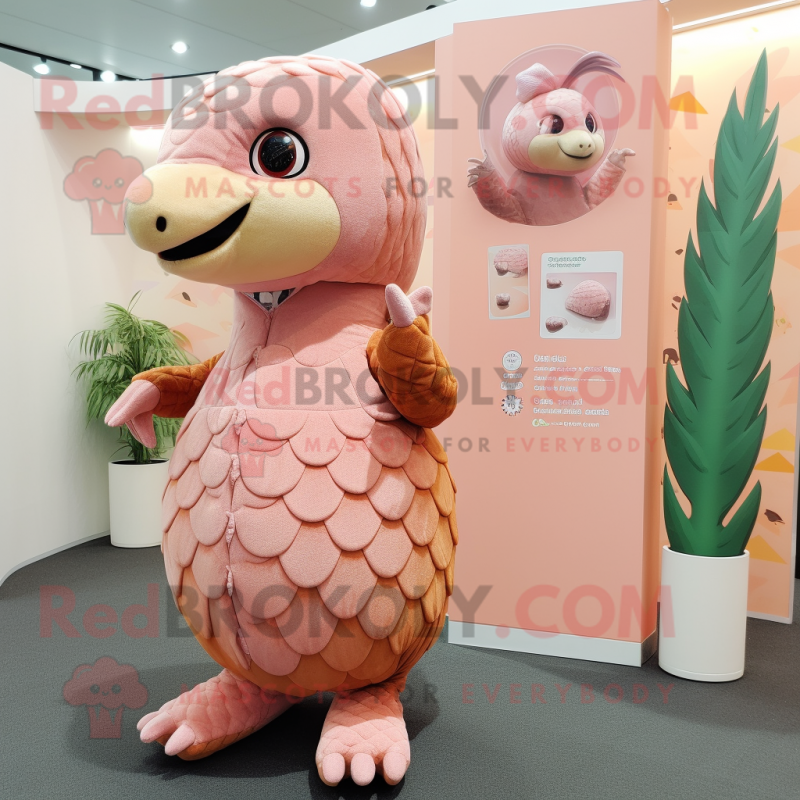 Peach Pangolin mascot costume character dressed with a Jumpsuit and Earrings Peach Pangolin mascot costume character dressed with a Jumpsuit and Earrings