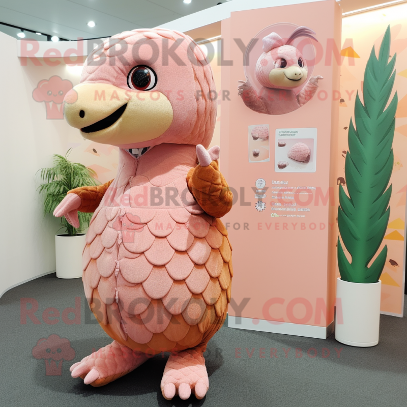 Peach Pangolin mascot costume character dressed with a Jumpsuit and Earrings