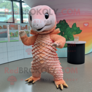 Peach Pangolin mascot costume character dressed with a Jumpsuit and Earrings