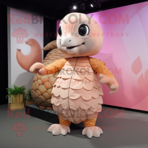 Peach Pangolin mascot costume character dressed with a Jumpsuit and Earrings