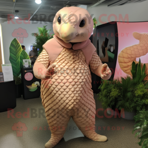 Peach Pangolin mascot costume character dressed with a Jumpsuit and Earrings